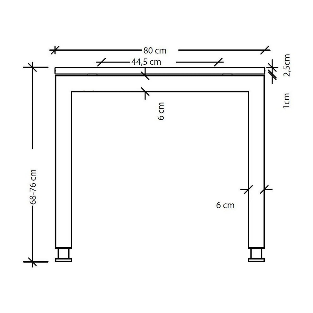 Dessin coté du bureau JAVA 8 S d'une largeur de 80 cm et d'une hauteur de 68-76 cm de hjh OFFICE PRO
