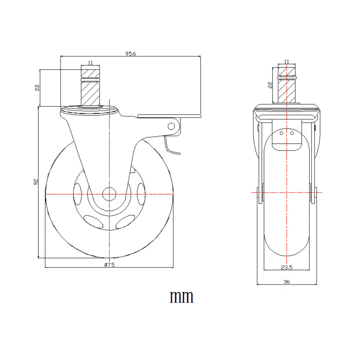 Dessin technique d'une roulette 5x ROLO SKATE CT 11mm/75mm d'un diamètre de 75 mm de hjh OFFICE