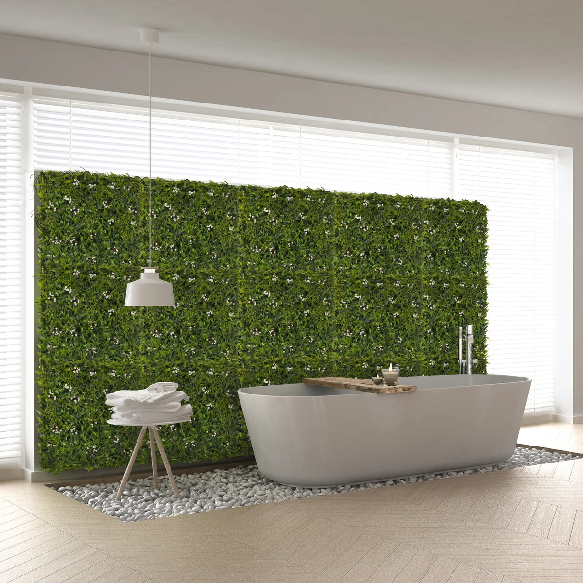 Tapis végétal vert MORE GREEN I comme végétalisation murale verticale dans une salle de bain de hjh OFFICE