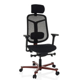 Siège de bureau haut de gamme BICOLORE HIGH noir avec dossier en maille, appui-tête et piètement rouge à cinq roulettes de hjh OFFICE – vue à 360° (vue de face 15°)