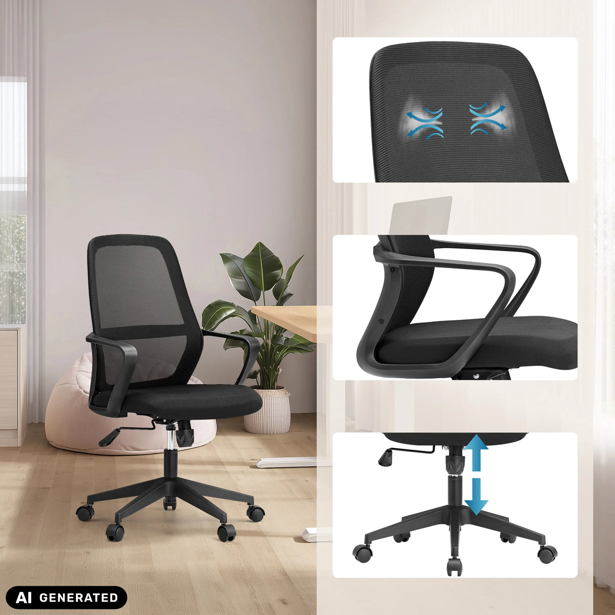 Siège de bureau à domicile Explorer en noir avec dossier en maille, accoudoirs et vérin à gaz de MyBuero (image générée par IA)