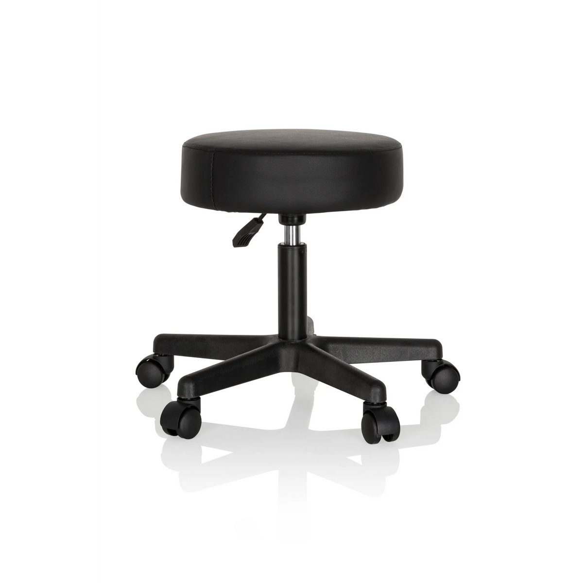 Tabouret pivotant noir OPERATOR I avec assise rembourrée et piètement à cinq roulettes de hjh OFFICE – vue à 360° (vue de trois quarts arrière 140°)