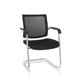 Chaises cantilever LEVIA V noires avec dossier en maille, accoudoirs et piètement luge de hjh OFFICE – vue à 360° (vue de face 20°)