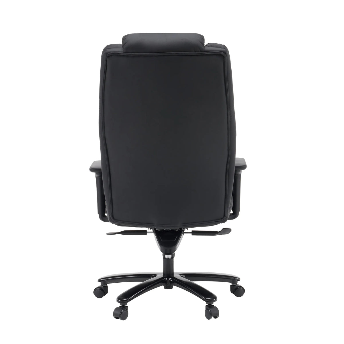 Rückansicht des Drehstuhls XXL Pullmann Gen2 aus schwarzem Kunstleder mit fünf Doppelrollen von hjh OFFICE