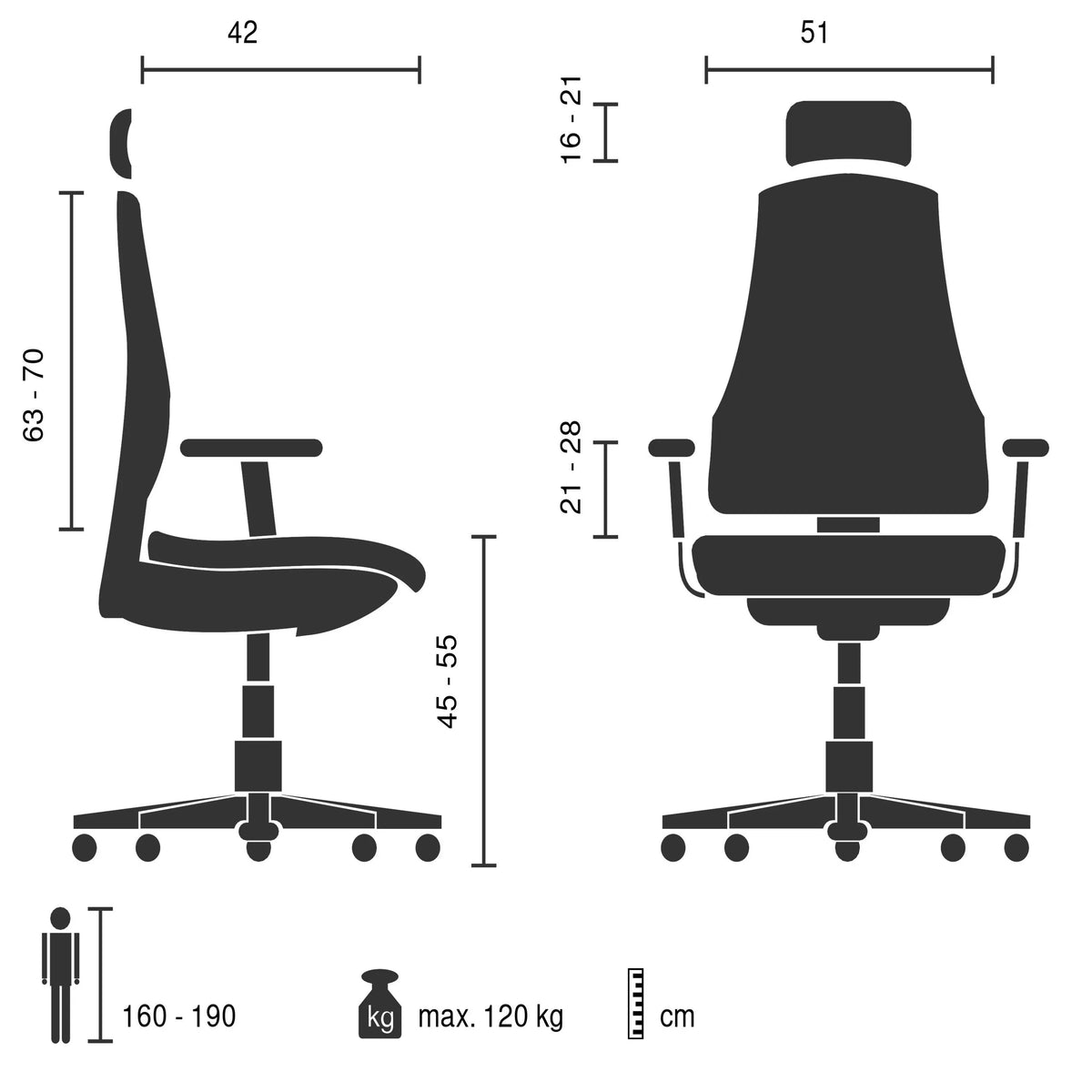 Dessin technique du Siège de bureau de qualité professionnelle Ergomy Pro avec une capacité de charge maximale de 120 kg de hjh OFFICE
