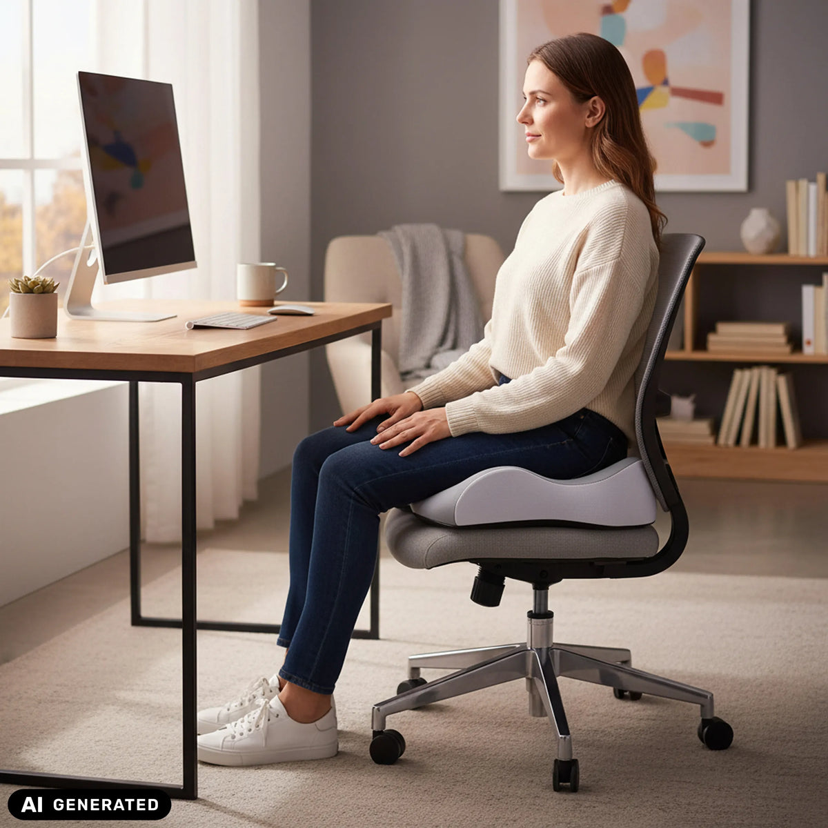 Coussin de siège MEDISIT IV gris sur une chaise de bureau de hjh OFFICE (image générée par IA)