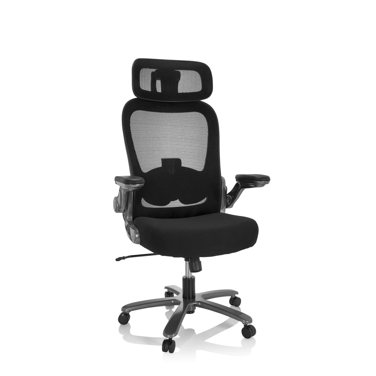 Siège pivotant XXL INSTRUCTOR T I PRO noir avec dossier en maille et base à cinq roulettes de hjh OFFICE – vue à 360° (vue de face 20°)