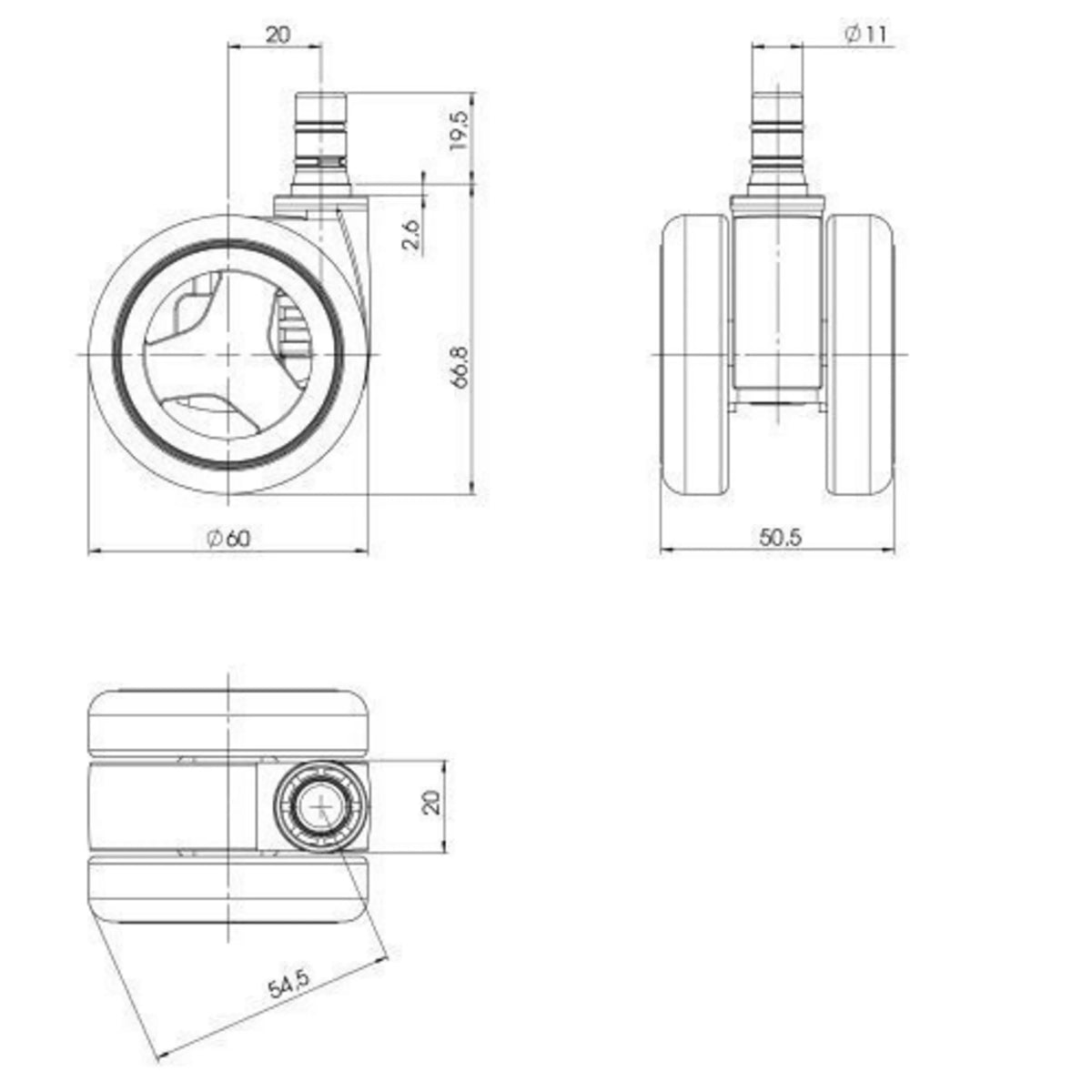 Dessin technique des Roulettes 5x ROLO GAME No-Noise 11mm/60mm avec un diamètre de 60 mm de hjh OFFICE