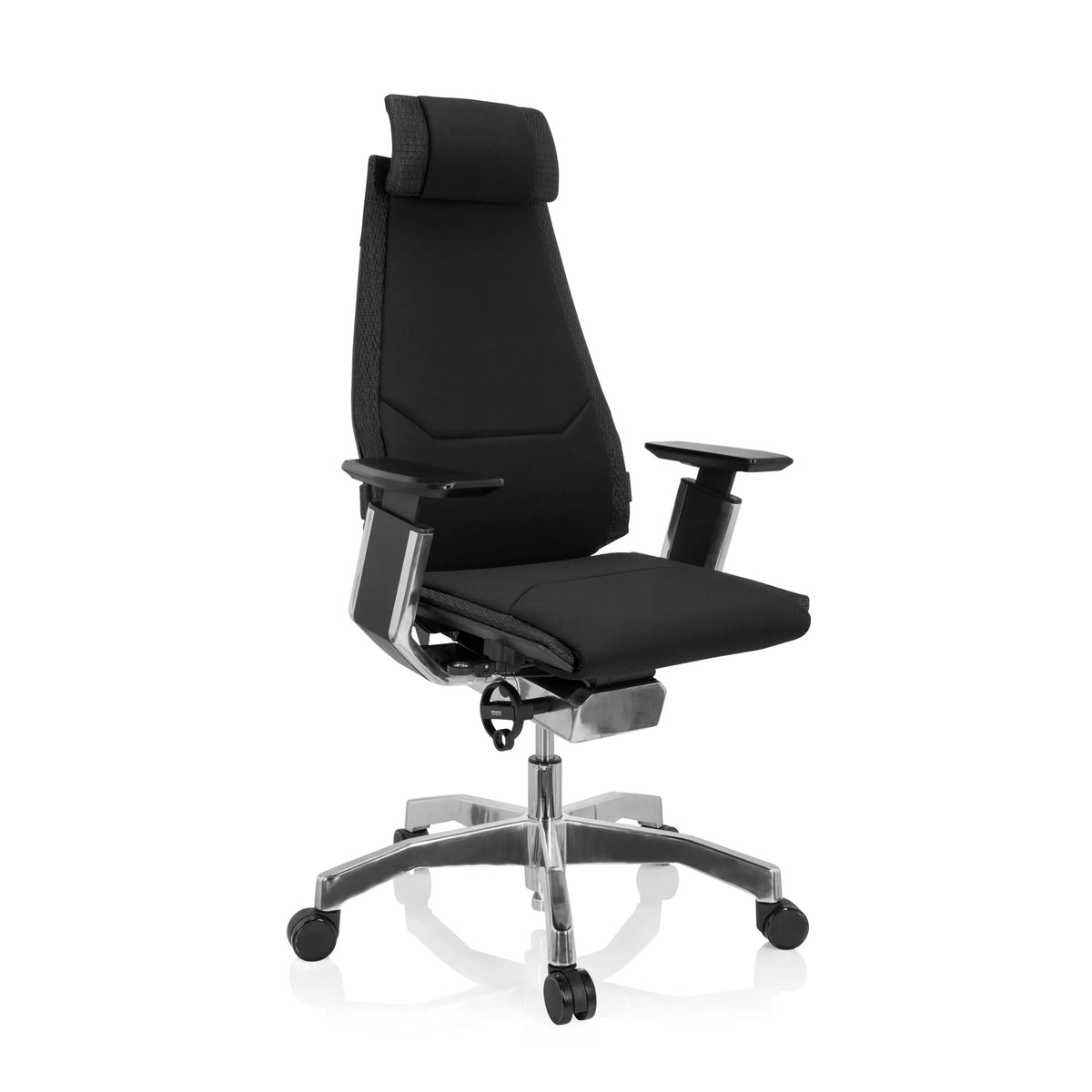 Siège de bureau haut de gamme GENIDIA PRO noir avec revêtement en tissu et piètement à cinq roulettes de hjh OFFICE – vue à 360° (vue de trois quarts avant 40°)