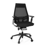 Siège de bureau professionnel noir GENIDIA SMART BLACK CM dossier maille et base à cinq roulettes de hjh OFFICE – vue à 360° (vue de face 20°)