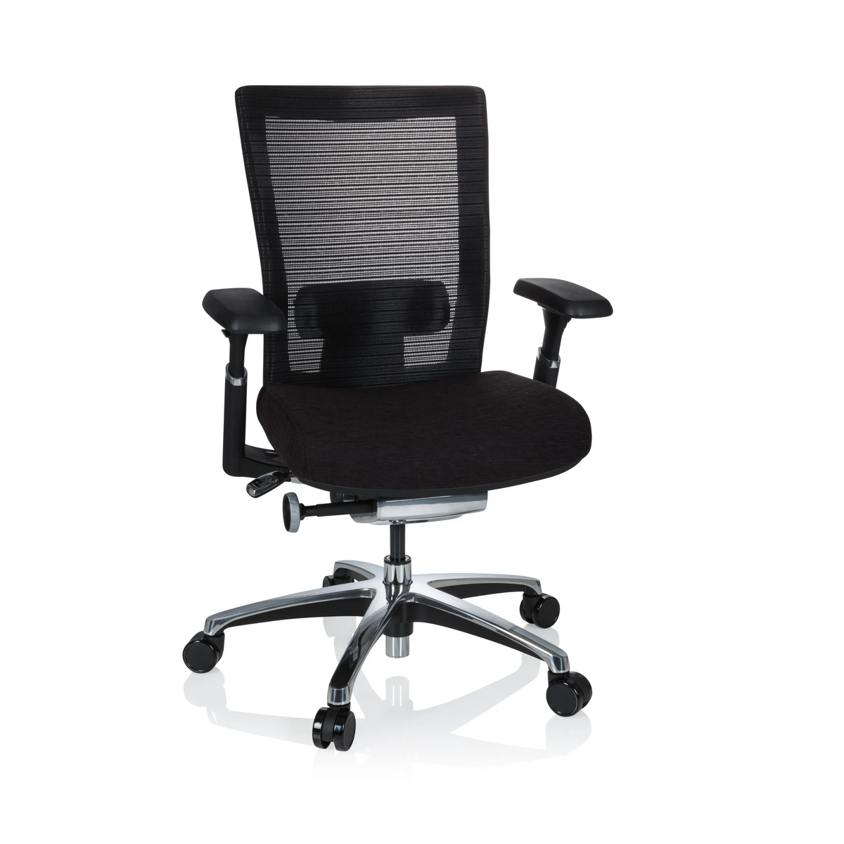 Siège de bureau haut de gamme NOVA PRO ALU noir avec dossier en maille et base à cinq roulettes de hjh OFFICE – vue à 360° (vue de face 20°)