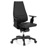 Siège de bureau haut de gamme GENIDIA BLACK noir en cuir avec accoudoirs et pied à cinq roulettes de hjh OFFICE – vue à 360° (vue de trois quarts avant 40°)