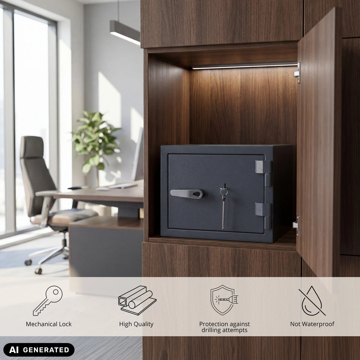 Coffre-fort Safe Compact Pro anthracite avec serrure mécanique dans une armoire de hjh OFFICE (image générée par IA)