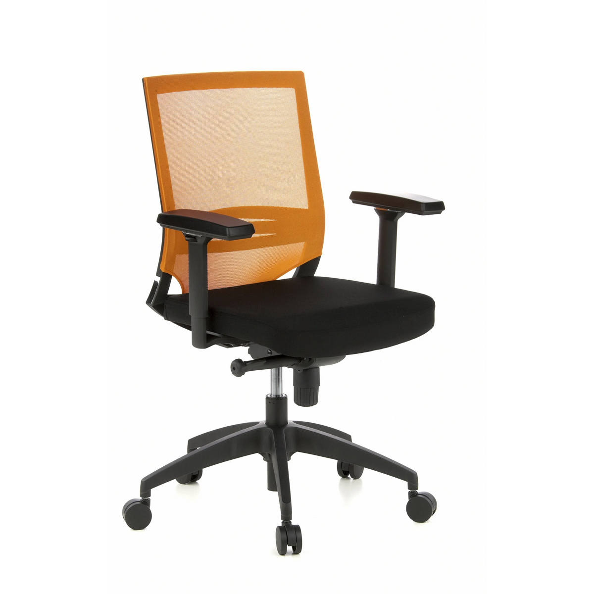 Siège de bureau de qualité professionnelle PORTO BASE noir et orange, dossier maille et base à 5 roulettes de hjh OFFICE – vue à 360° (vue de trois quarts avant 40°)