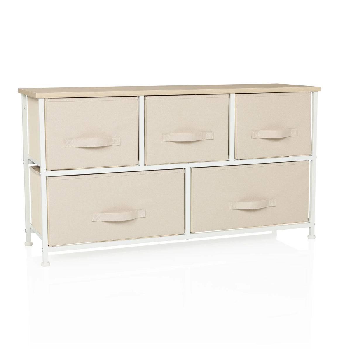 Commode beige FOLDAR avec cinq tiroirs en tissu et structure blanche de hjh LIVING – vue à 360° (vue de face 15°)