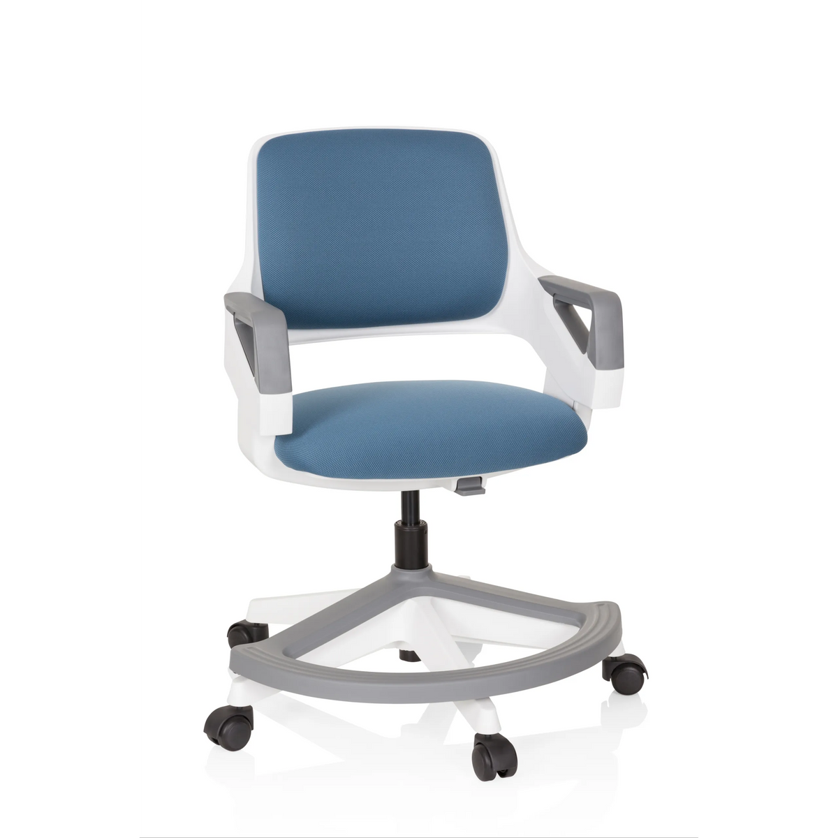 Chaise pivotante pour des enfants KID FLEX bleu gris avec accoudoirs et pied à cinq roulettes de hjh OFFICE – vue à 360° (vue de face 20°)