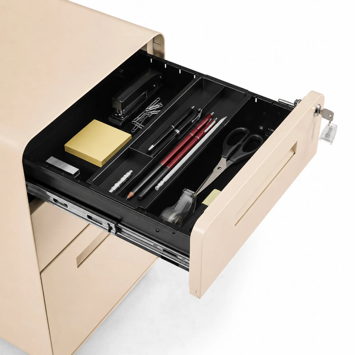 Tiroir ouvert avec organiseur et fournitures de bureau du caisson sur roulettes COLOR PLUS I en beige de hjh OFFICE