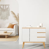 Weißes Sideboard TAROLO I mit drei Schubladen und zwei Türen auf Holzbeinen von hjh LIVING