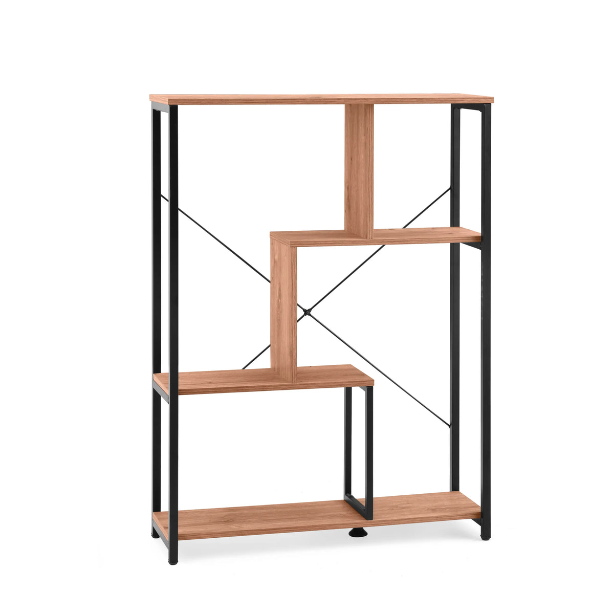 Étagère Kalag Eco en noir et chêne avec des tablettes asymétriques et des entretoises en croix de hjh LIVING – vue à 360° (vue de face 15°)