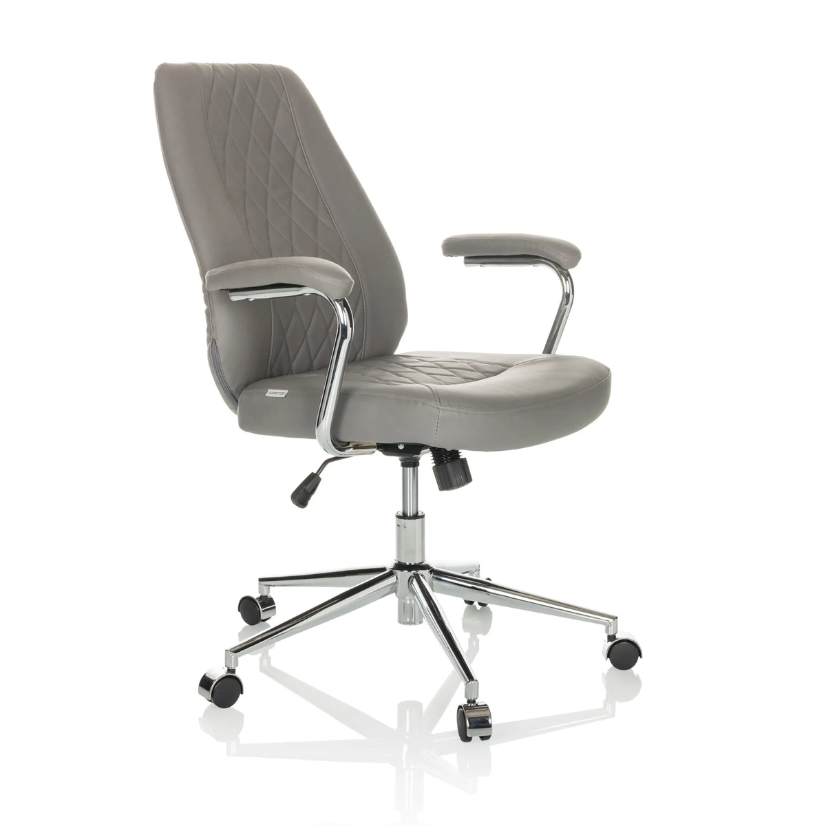 Siège de direction pour bureau à domicile THEO I gris avec dossier capitonné et base à cinq roulettes de hjh OFFICE – vue à 360° (vue de trois quarts avant 45°)