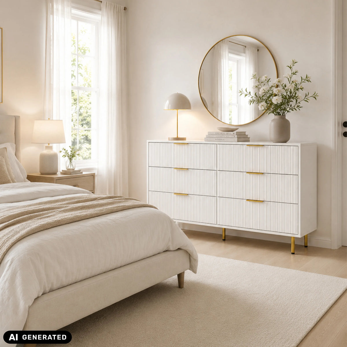 Buffet blanc HJELLE avec six tiroirs, poignées et pieds dorés de hjh LIVING