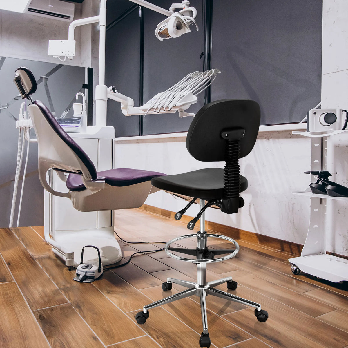 Chaise de comptoir TOP WORK 24 I noire avec assise ronde et repose-pieds sur roulettes de hjh OFFICE