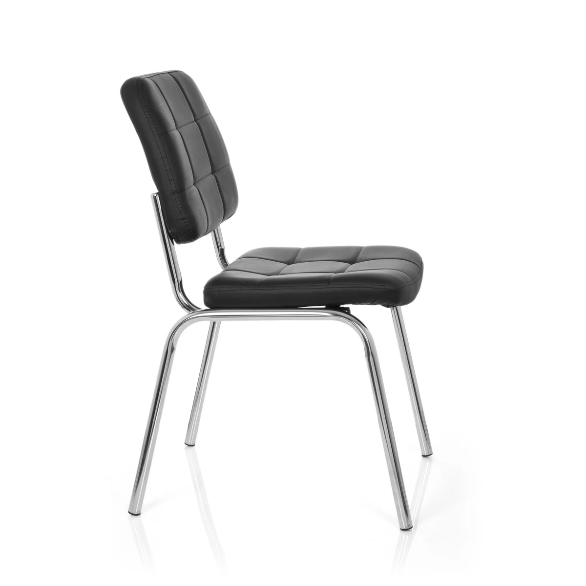 Chaise à quatre pieds PICENO V noire avec revêtement matelassé et structure en chrome de hjh OFFICE – vue à 360° (vue de profil 80°)