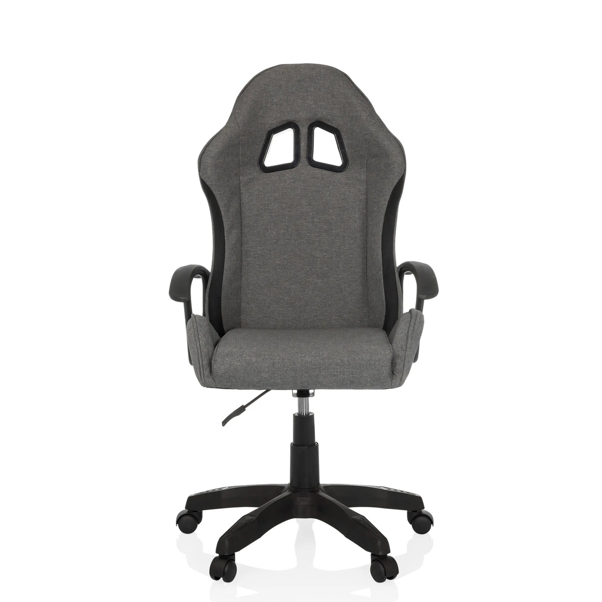 Fauteuil Gamer GAMEBREAKER W01 gris avec deux découpes pour l'appui-tête et piètement à cinq roulettes de MyBuero – vue à 360° (vue de face 0°)