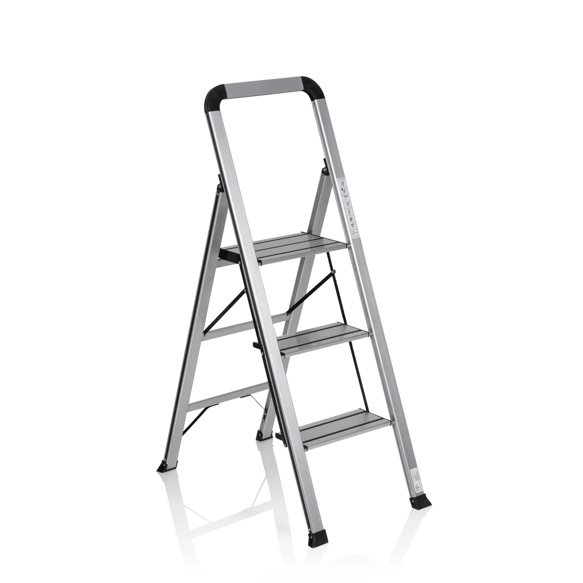 Échelle pliante SOLID V en aluminium argentée avec trois marches et poignée de hjh OFFICE – vue à 360° (vue de trois quarts avant 40°)