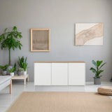 Buffet KELO S en blanc avec un plateau en chêne dans une pièce lumineuse de hjh LIVING