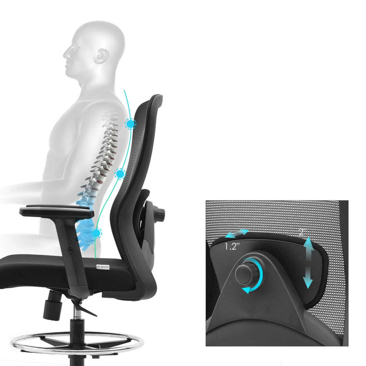 Support lombaire réglable en hauteur de la Chaise de travail Top Work 44 avec une plage de réglage de 1,2" de hjh OFFICE