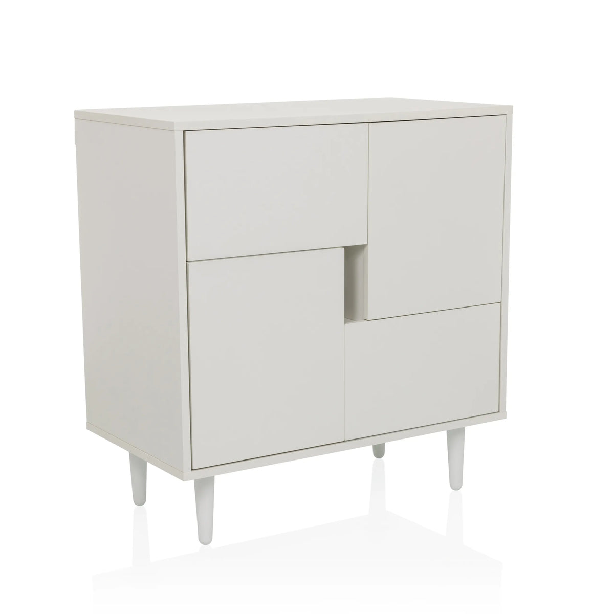 Commode blanche LYKKJA avec division frontale asymétrique et quatre pieds de hjh LIVING – vue à 360° (vue de trois quarts avant 30°)