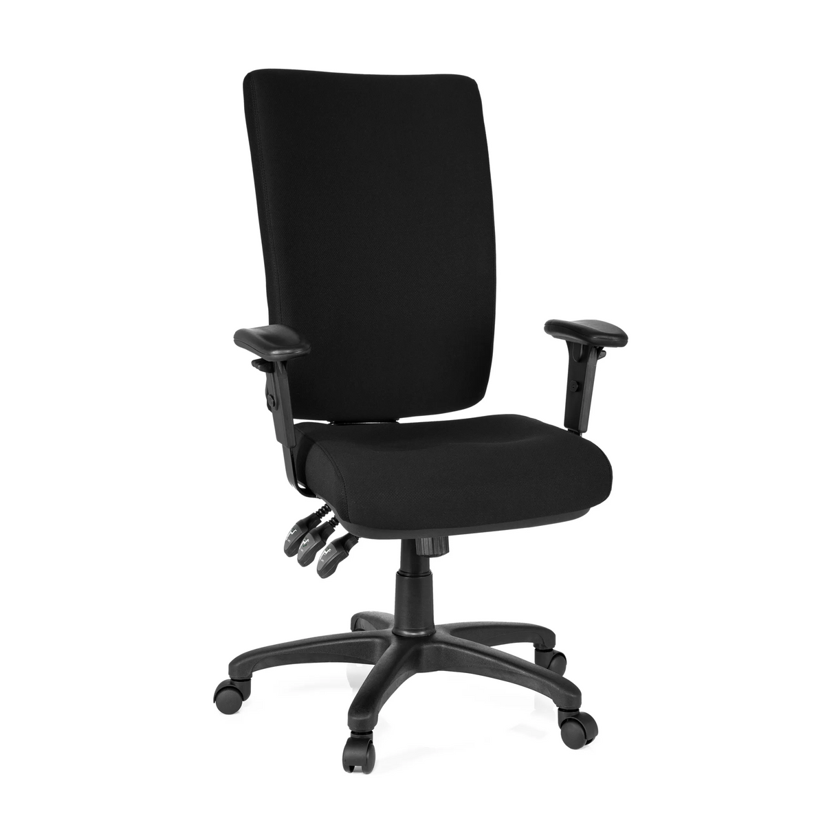 Siège de bureau de qualité professionnelle ZENIT HIGH noir avec accoudoirs et base à cinq roulettes de hjh OFFICE – vue à 360° (vue de face 20°)