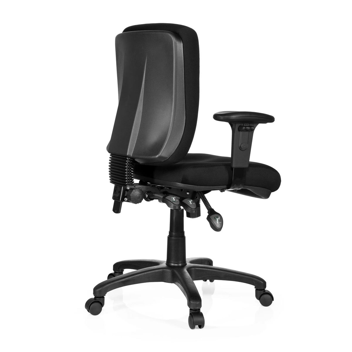 Siège de bureau de qualité professionnelle ZENIT BASE noir avec accoudoirs et pied à cinq roulettes de hjh OFFICE – vue à 360° (vue de trois quarts arrière 120°)