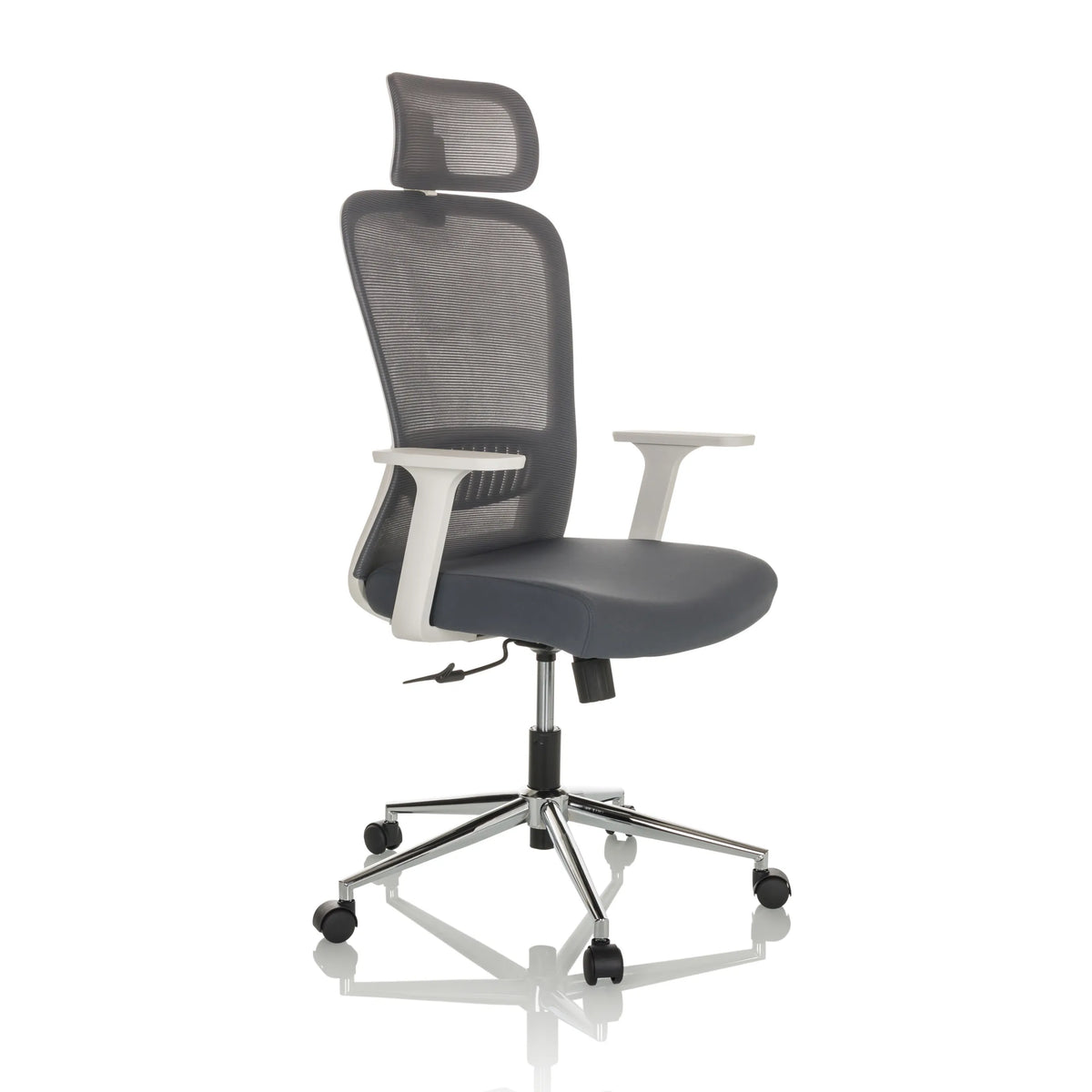 Siège de bureau à domicile BELAIA W gris avec dossier en maille, appuie-tête et base à cinq roulettes de hjh OFFICE – vue à 360° (vue de trois quarts avant 45°)