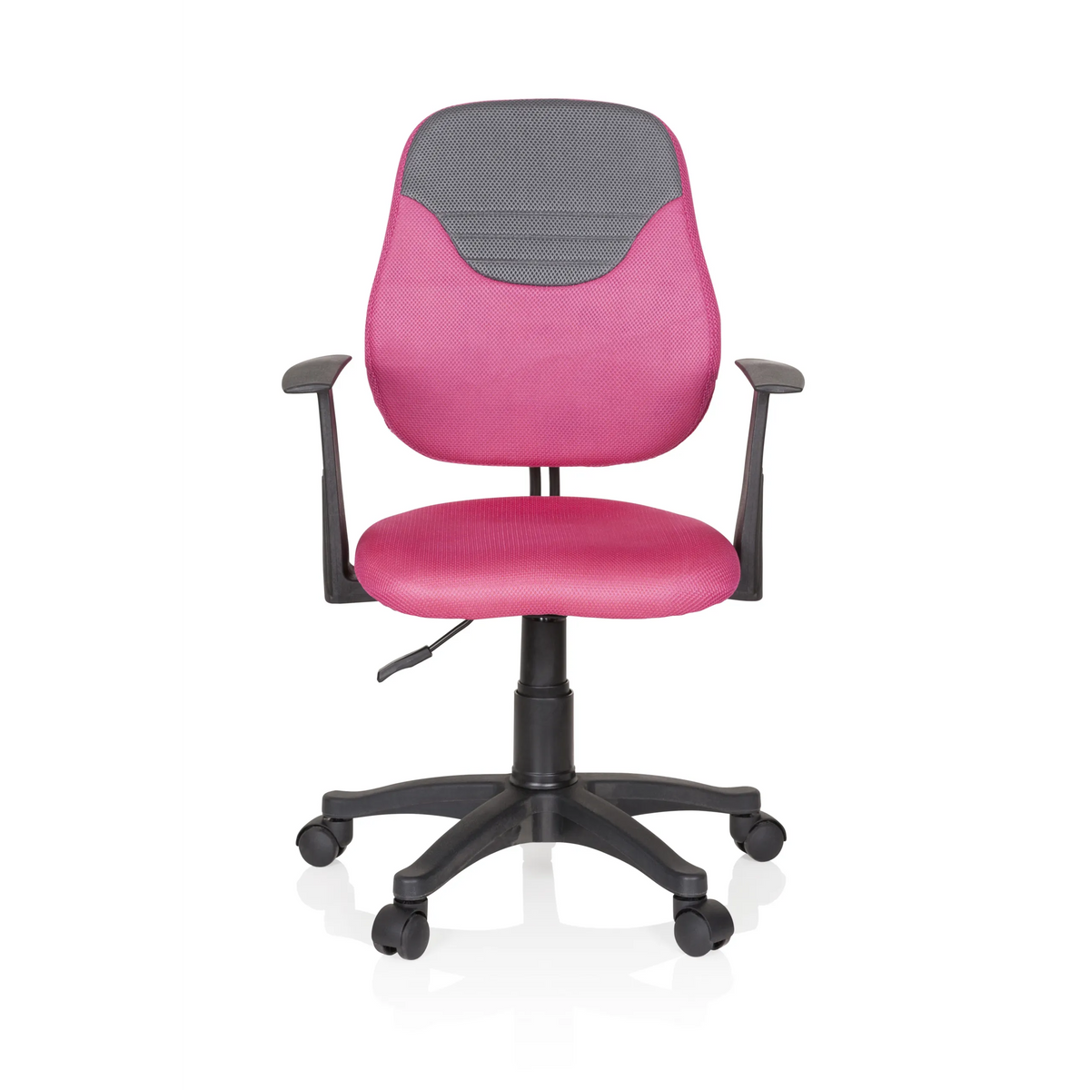 Chaise pivotante pour des enfants KIDDY STYLE rose et grise avec dossier en maille et base à cinq roulettes de hjh OFFICE – vue à 360° (vue de face 0°)