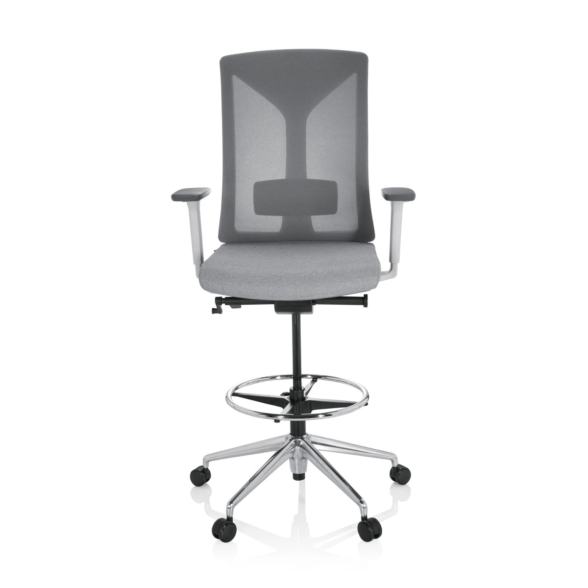 Chaise de comptoir HALIFAX WORK grise avec dossier en maille, repose-pieds et base à cinq roulettes de hjh OFFICE – vue à 360° (vue de face 0°)