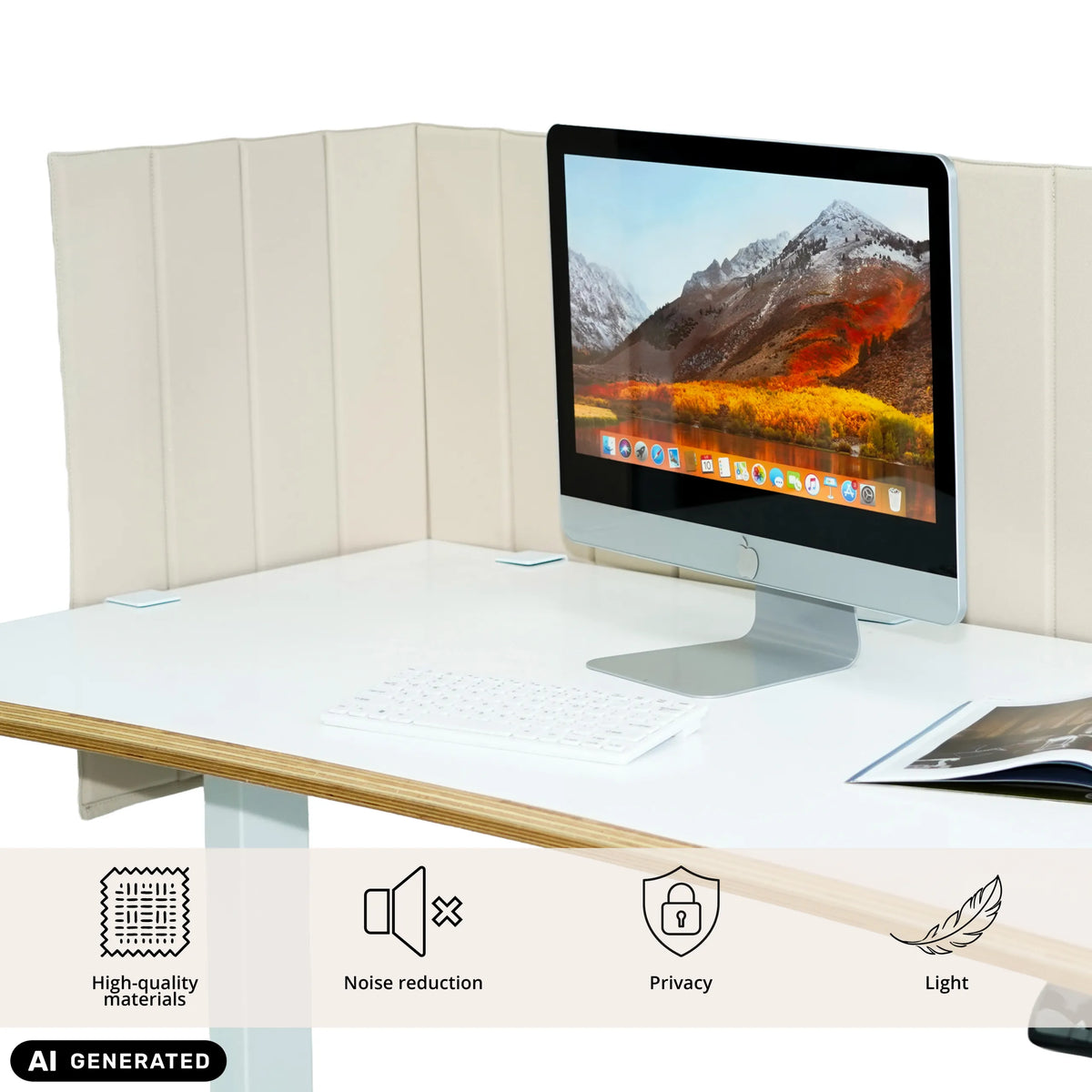 Cloison de table beige FLEXMIUT ROLL sur un bureau blanc avec écran et clavier de hjh OFFICE