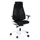 Siège de bureau haut de gamme noir GENIDIA PRO WHITE avec dossier en maille et piètement blanc à cinq roulettes de hjh OFFICE – vue à 360° (vue de face 20°)