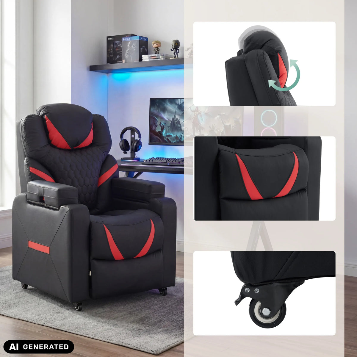 Fauteuil de salon Game Sport RX en noir et rouge avec détails de l'appuie-tête et de la roulette de hjh OFFICE (image générée par IA)