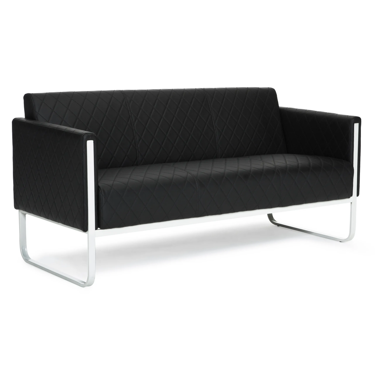 Canapé lounge noir ARUBA STEP avec surpiqûres en losanges et structure en chrome de hjh OFFICE – vue à 360° (vue arrière 180°)