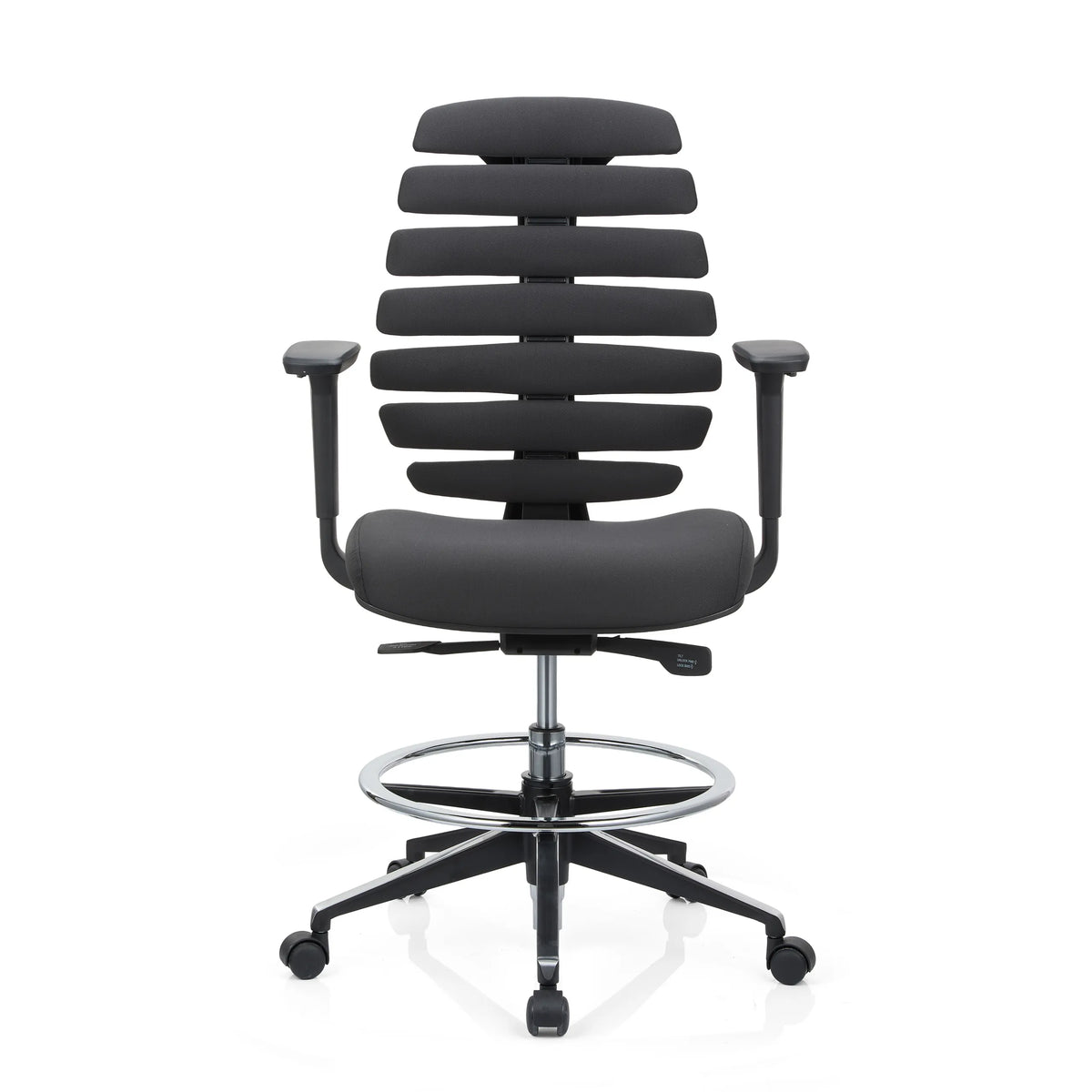 Chaise de comptoir ERGO LINE II WORK noire avec dossier segmenté, repose-pieds et base à cinq roulettes de hjh OFFICE – vue à 360° (vue de face 0°)