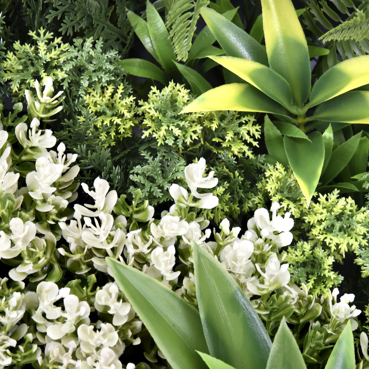 Gros plan des plantes en plastique vertes du Tapis végétal LEAFLUXE WALL 1 de hjh LIVING