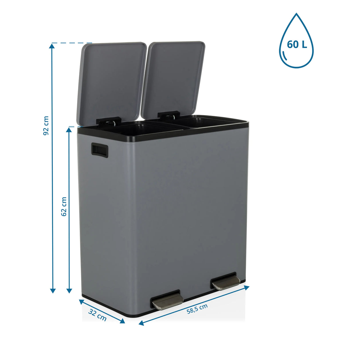 Vue dimensionnelle de la poubelle Clean 13 avec une capacité de 60 L et 58,5 x 32 cm de hjh OFFICE