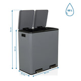 Vue dimensionnelle de la poubelle Clean 13 avec une capacité de 60 L et 58,5 x 32 cm de hjh OFFICE