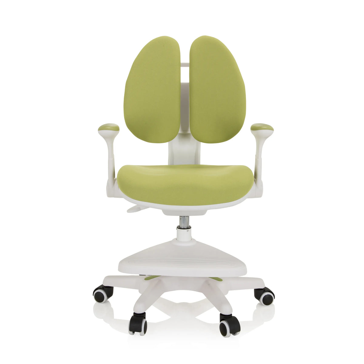 Chaise pour enfants KID WING verte avec dossier divisé et piètement blanc à cinq roulettes de hjh OFFICE – vue à 360° (vue de face 0°)