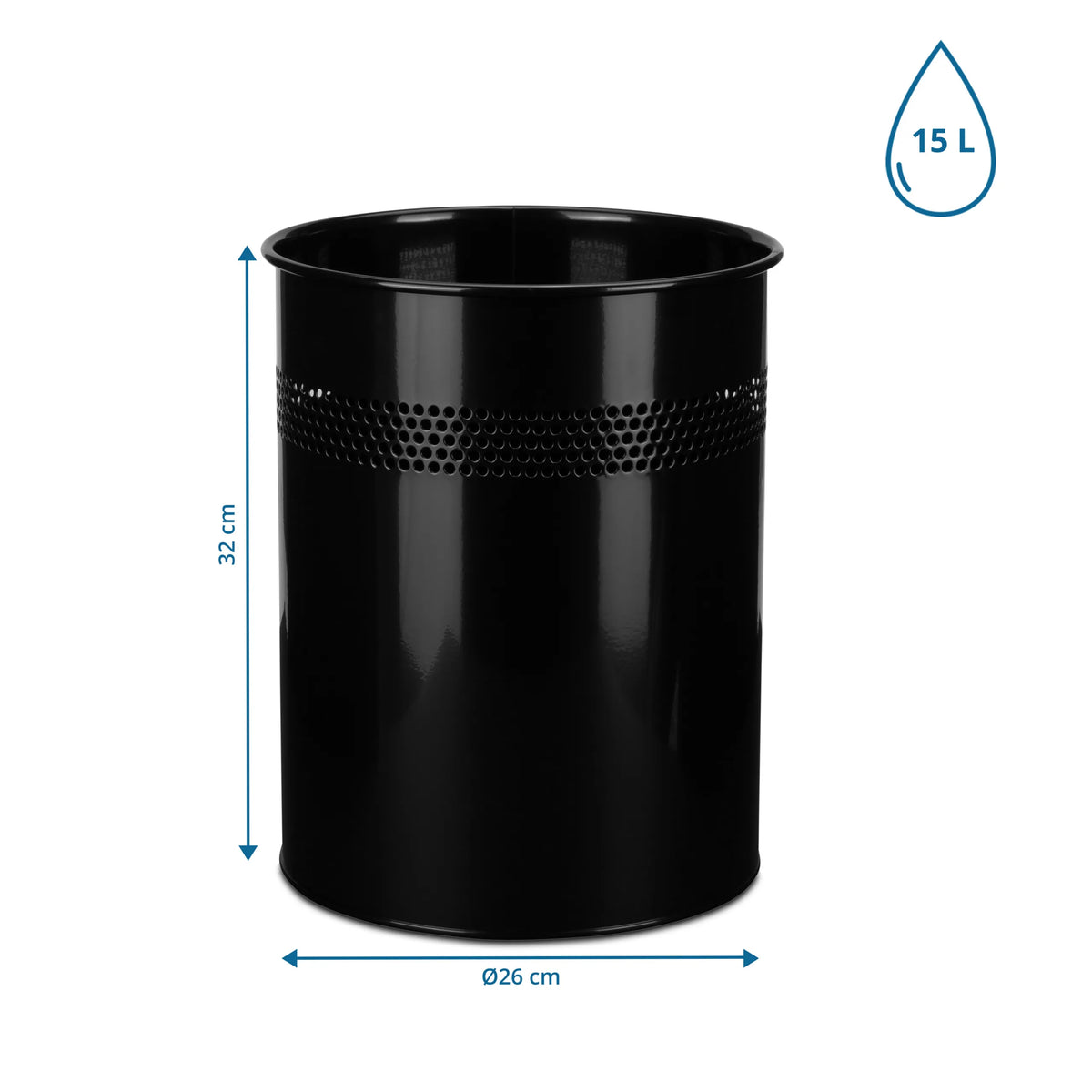 Vue dimensionnelle de la Poubelle CLEAN III avec 32 cm de hauteur, 26 cm de diamètre et 15 L de volume de hjh OFFICE