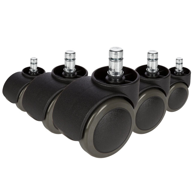 Cinq roulettes 5x ROLO 11mm/50mm noires pour sols durs avec goujons argentés de hjh OFFICE