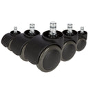 Cinq roulettes 5x ROLO 11mm/50mm noires pour sols durs avec goujons argentés de hjh OFFICE