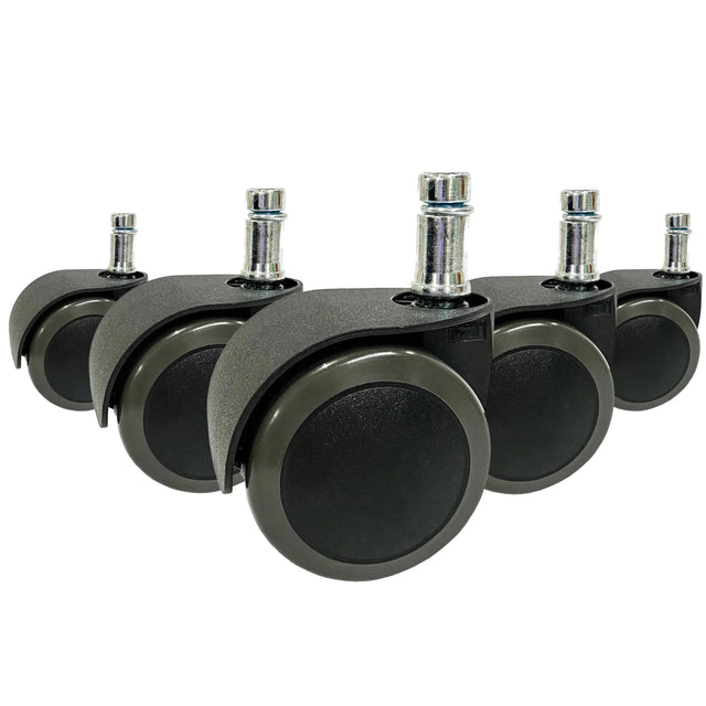 Cinq roulettes noires 5x ROLO EASY 10mm/50mm pour sols durs avec goupilles métalliques argentées de hjh OFFICE